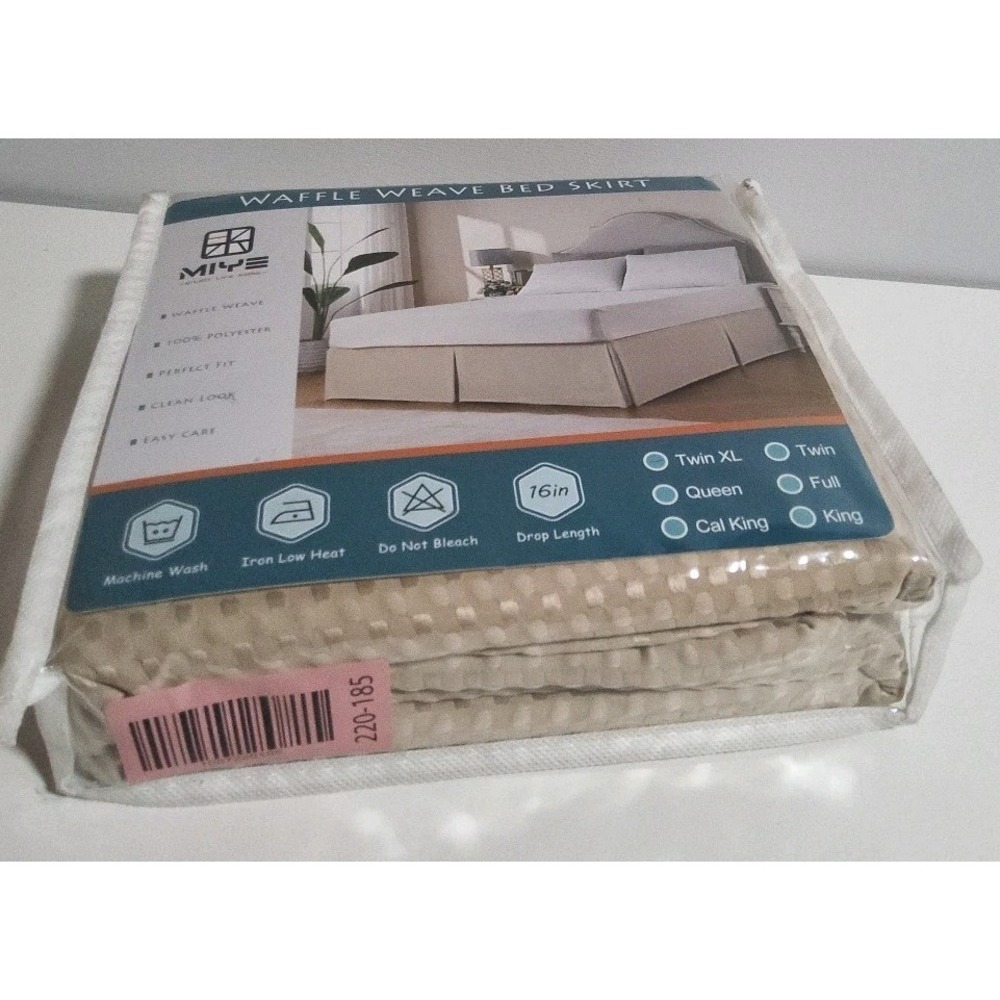 Twin XL Bed Skirt Pleated Waffle Weave Beige 16" Drop Tailored No Split‎ Corners - Picture 2 of 3